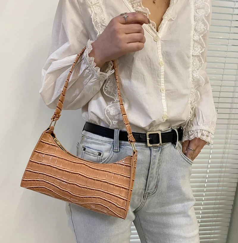 Fashion PU Leather Bags for Women Alligator Pattern Armpit Handbag Small Underarm Messenger Bag Purse