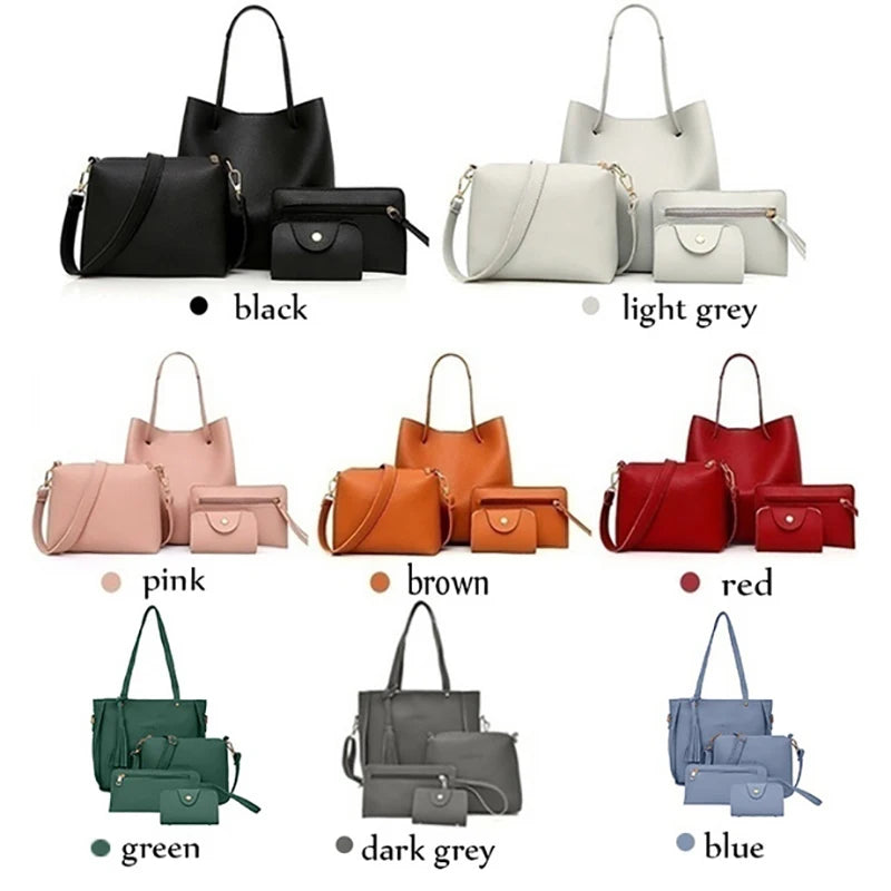 4pcs/set Ladies Faux Shoulder Leather Bag Set 9 Colors