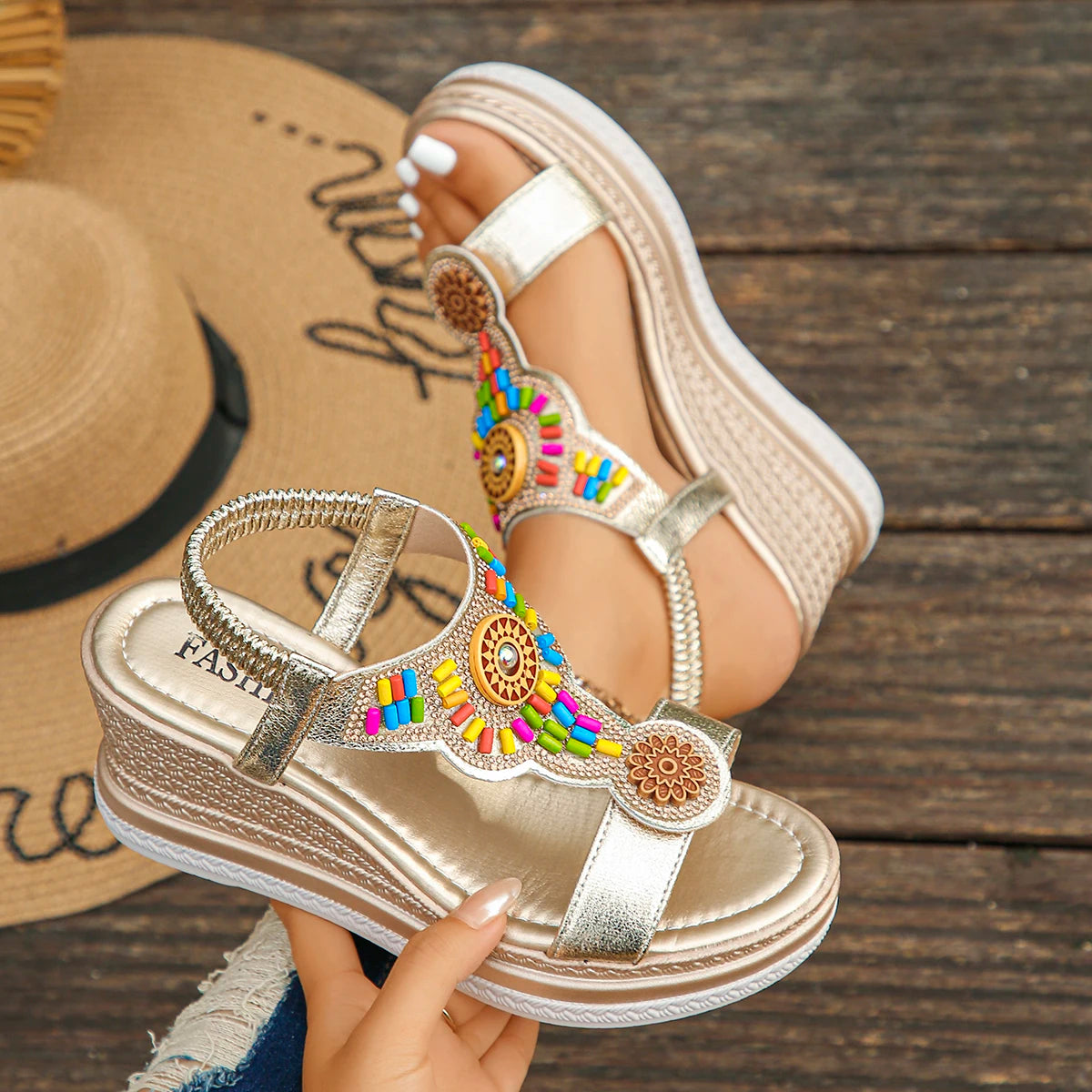 Women Bohemian Style Wedge Sandals Summer Thick Sole Non Slip Beach Shoes Chunky Platform Sandals