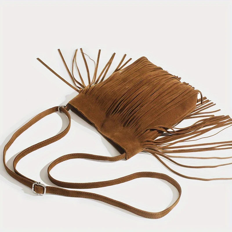 Boho Style Tassel Crossbody Vintage Suede Shoulder Bag Casual Fringe Messenger Bag For Women