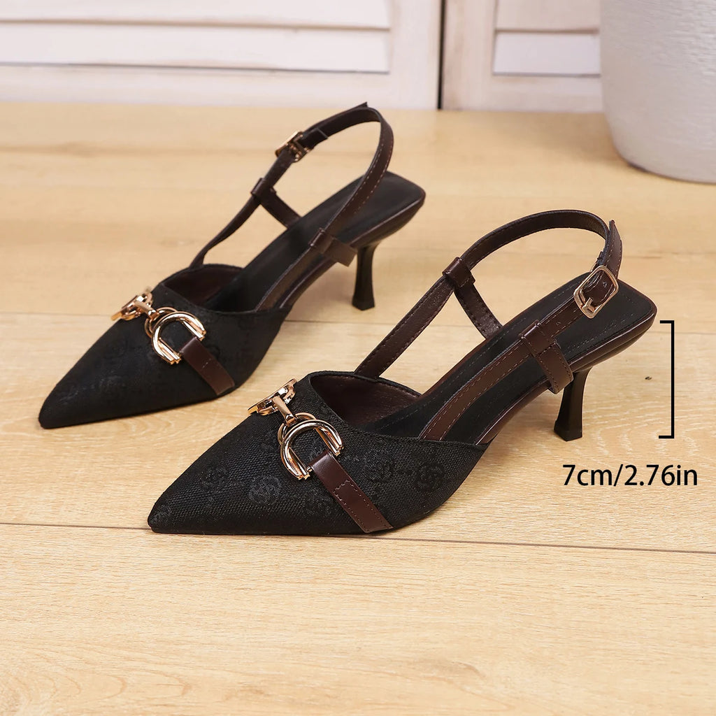 Women's Sandals 2025 Fashion Summer Thin-soled Buckle with Pointed Middle Heel Printed Metal Decorative Sandals Joker High Heels