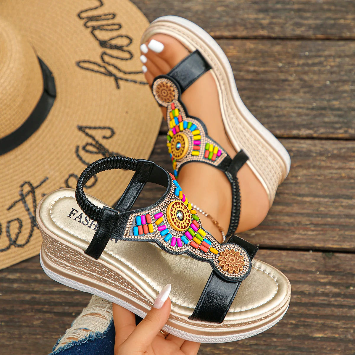 Women Bohemian Style Wedge Sandals Summer Thick Sole Non Slip Beach Shoes Chunky Platform Sandals
