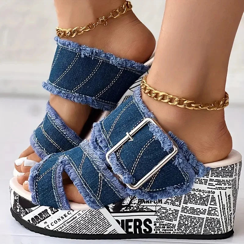 Women Casual Fashion Summer Buckled Denim Platform Wedge Sandals Women Zapatos De Mujer