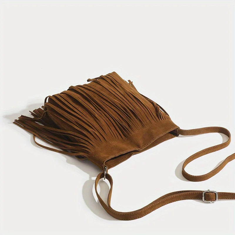 Boho Style Tassel Crossbody Vintage Suede Shoulder Bag Casual Fringe Messenger Bag For Women