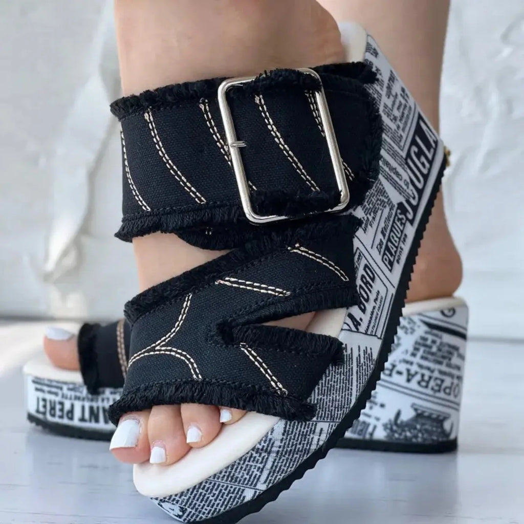 Women Casual Fashion Summer Buckled Denim Platform Wedge Sandals Women Zapatos De Mujer