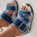 Women Casual Fashion Summer Buckled Denim Platform Wedge Sandals Women Zapatos De Mujer