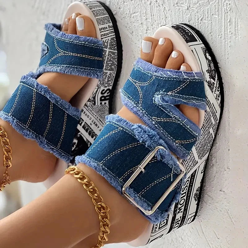 Women Casual Fashion Summer Buckled Denim Platform Wedge Sandals Women Zapatos De Mujer