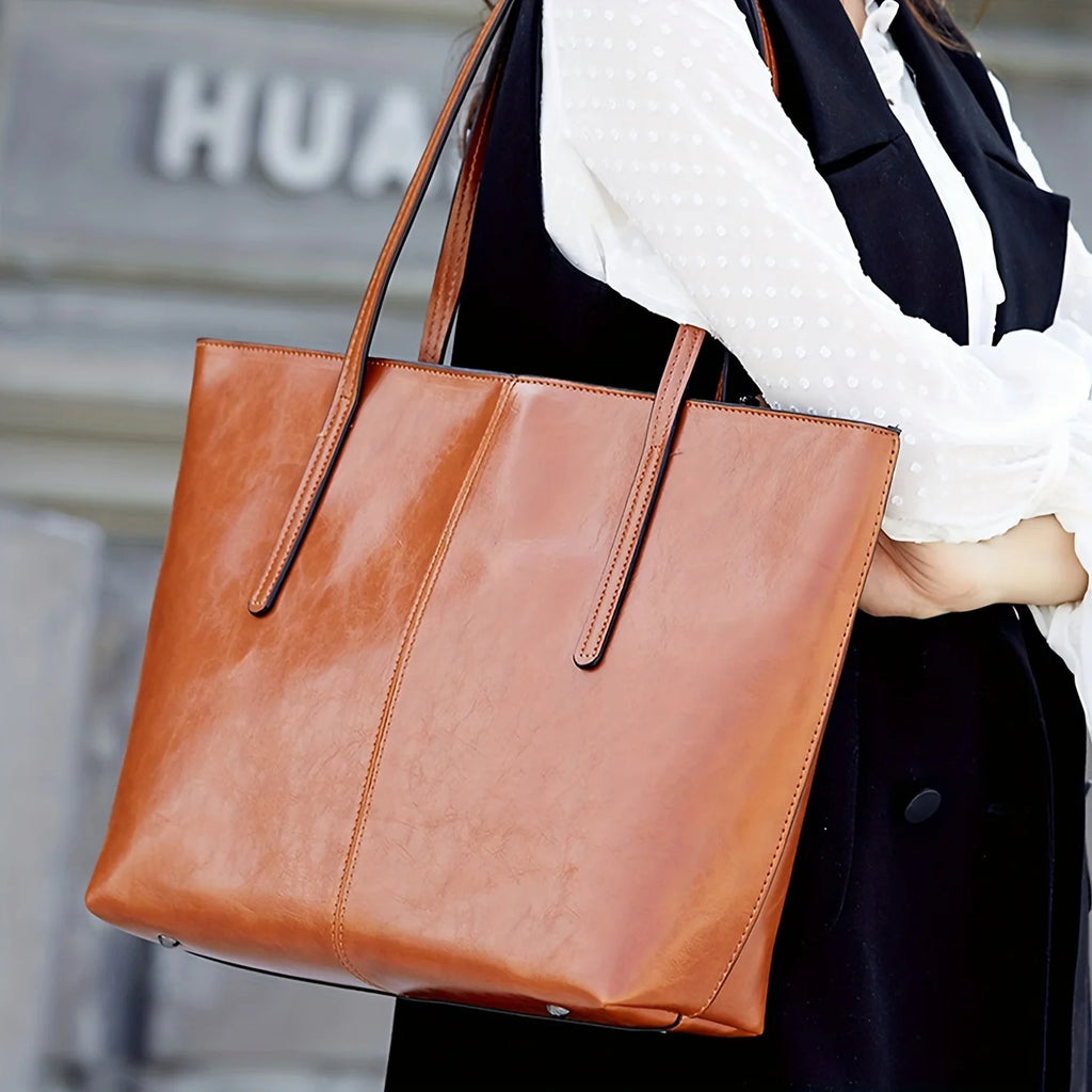 New European and American Fashion Large Capacity Oil Wax Skin Shoulder Bag for Women's Handheld Tote Bag Cross border Manufactur