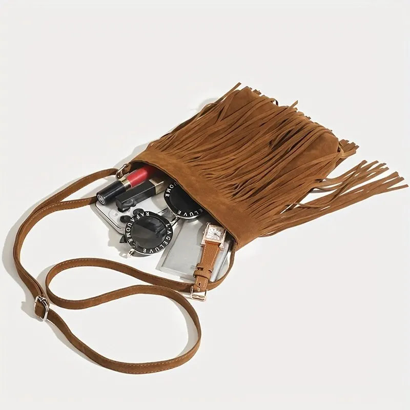 Boho Style Tassel Crossbody Vintage Suede Shoulder Bag Casual Fringe Messenger Bag For Women