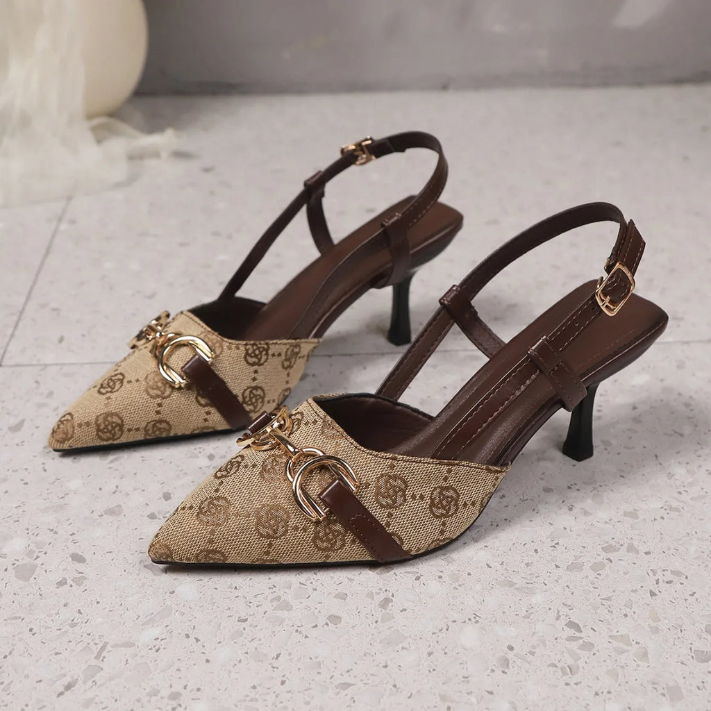 Women's Sandals 2025 Fashion Summer Thin-soled Buckle with Pointed Middle Heel Printed Metal Decorative Sandals Joker High Heels
