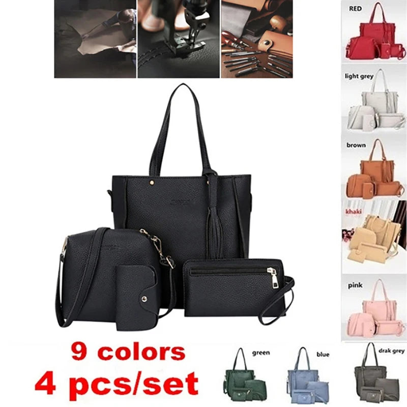 4pcs/set Ladies Faux Shoulder Leather Bag Set 9 Colors