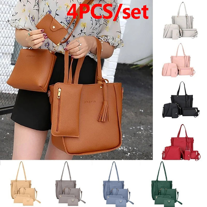 4pcs/set Ladies Faux Shoulder Leather Bag Set 9 Colors