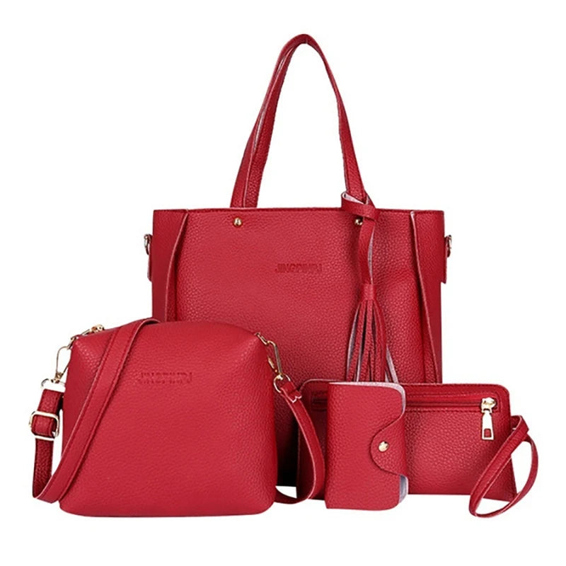 4pcs/set Ladies Faux Shoulder Leather Bag Set 9 Colors