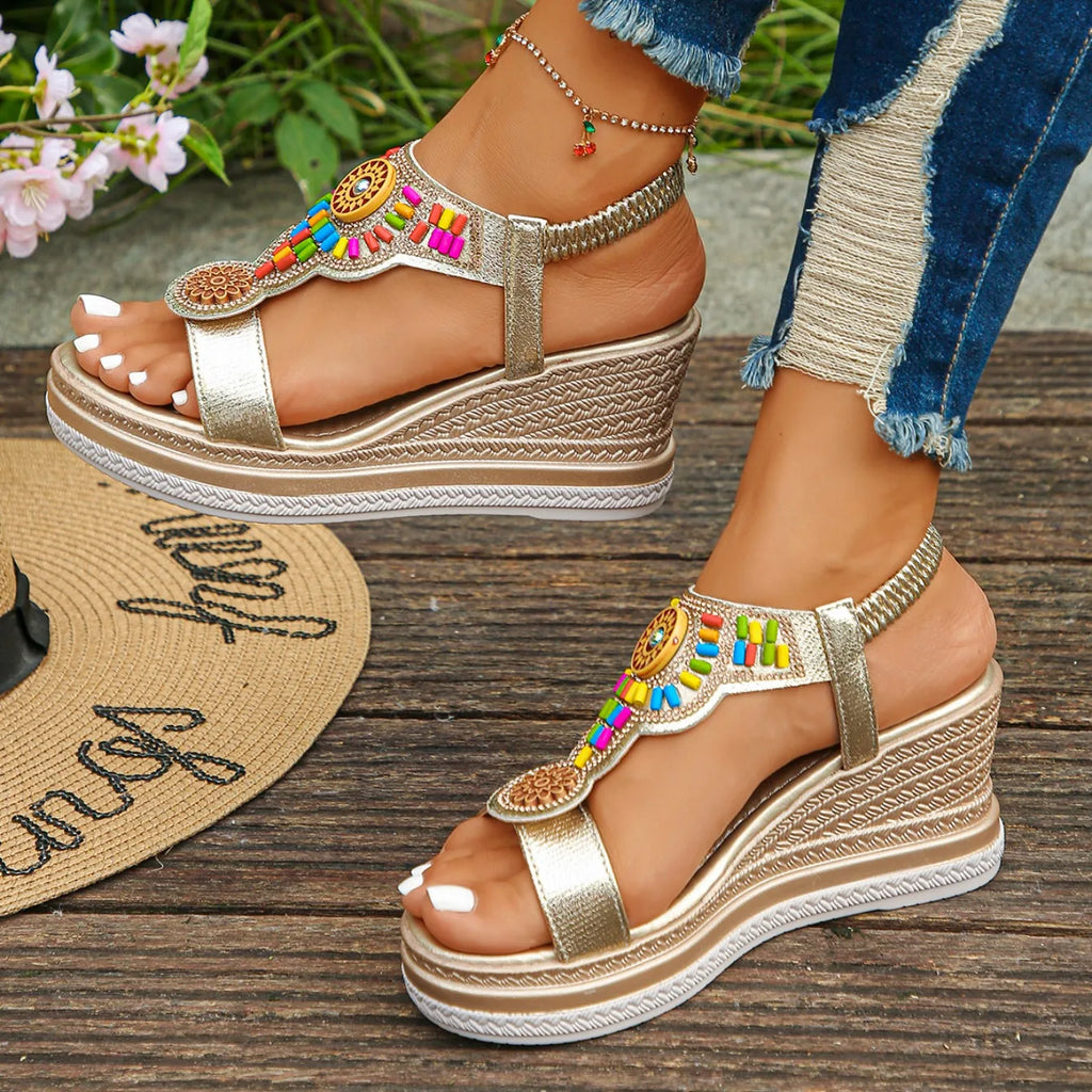 Women Bohemian Style Wedge Sandals Summer Thick Sole Non Slip Beach Shoes Chunky Platform Sandals