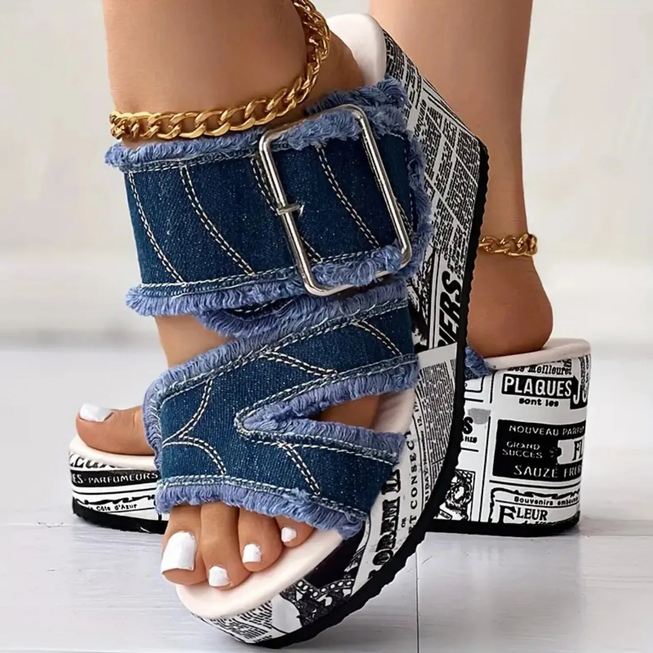 Women Casual Fashion Summer Buckled Denim Platform Wedge Sandals Women Zapatos De Mujer