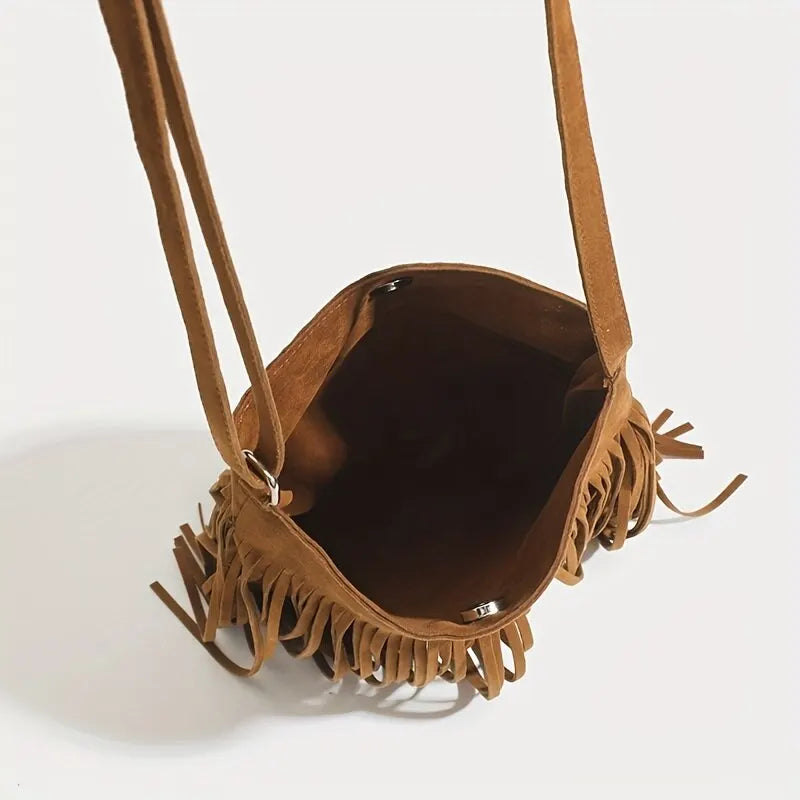 Boho Style Tassel Crossbody Vintage Suede Shoulder Bag Casual Fringe Messenger Bag For Women