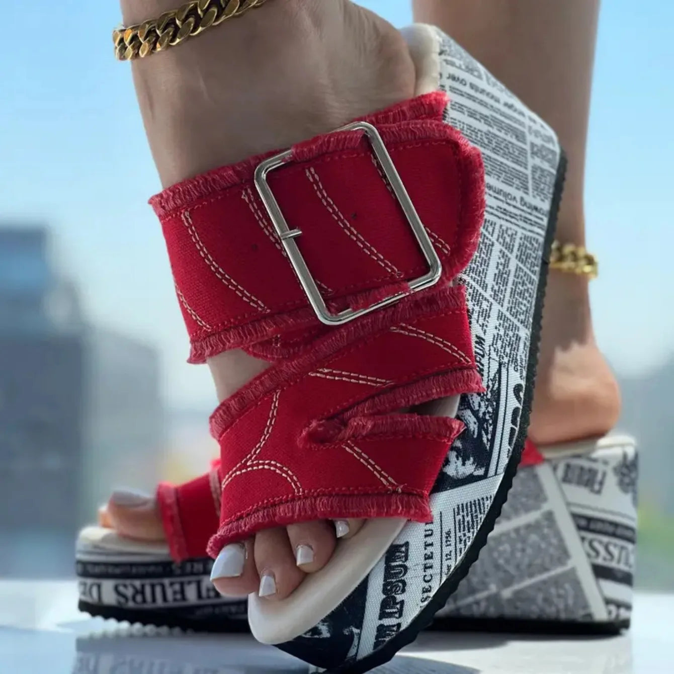 Women Casual Fashion Summer Buckled Denim Platform Wedge Sandals Women Zapatos De Mujer