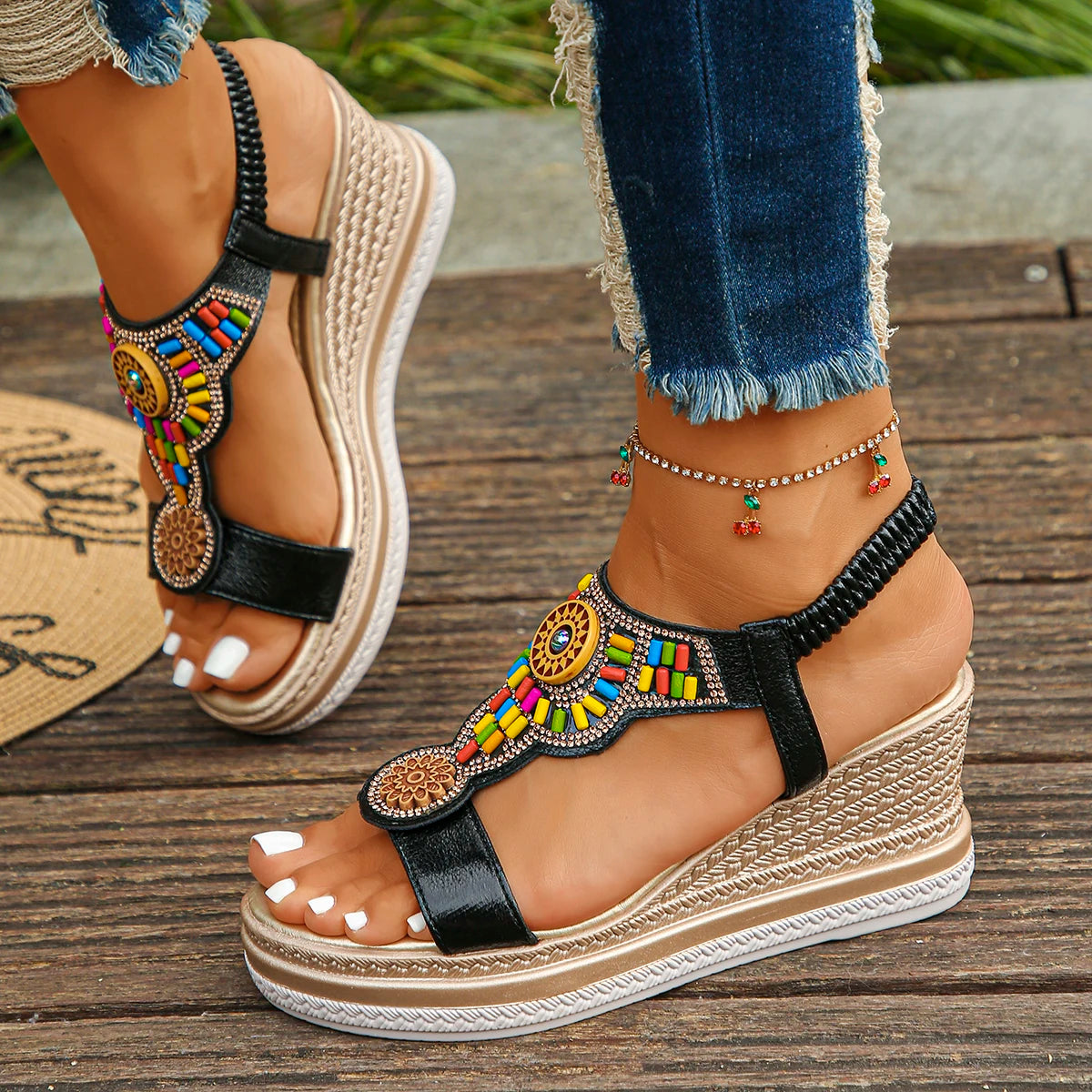 Women Bohemian Style Wedge Sandals Summer Thick Sole Non Slip Beach Shoes Chunky Platform Sandals